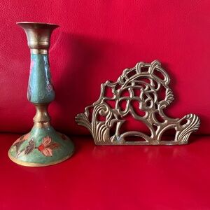 Vintage Brass Trivet & Hand Painted Brass Candlestick Holder Bundle